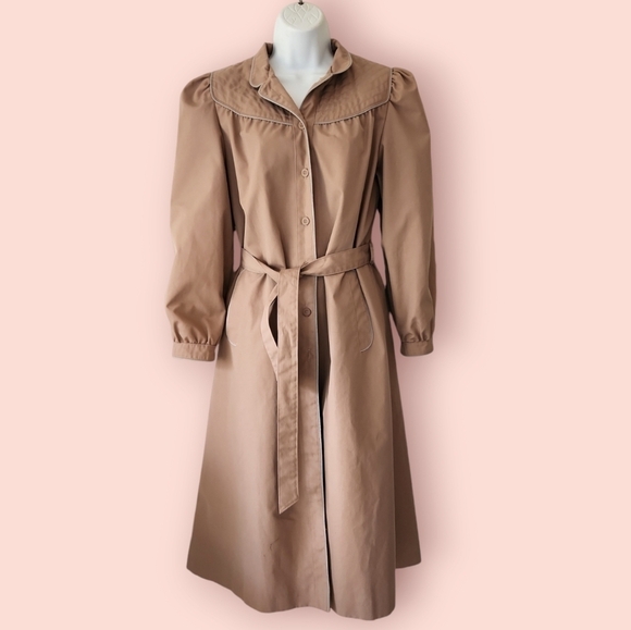Rare Vintage Puff Shoulders Trench Coat Tan Cream Duster Women's M - Picture 1 of 12